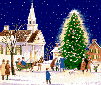 animierte Ecards kostenlos verschicken, hier verschneiter Marktplatz mit Weihnachtsbaum