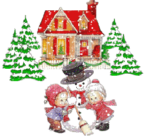 Weihnachtsmotive, hier Haus mit Schneemann und Kindern